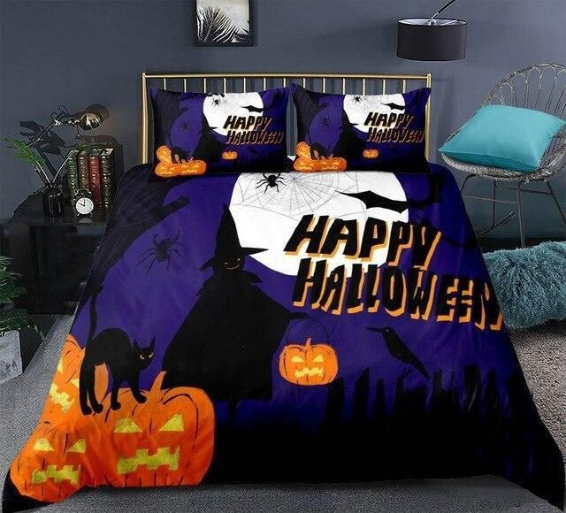 Cartoon Halloween Black Cat Pumpkin Bedding Set
