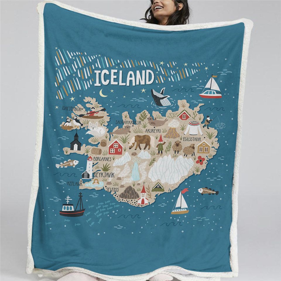 Cartoon Map Of Iceland Landmarks Travel Fleece Blanket