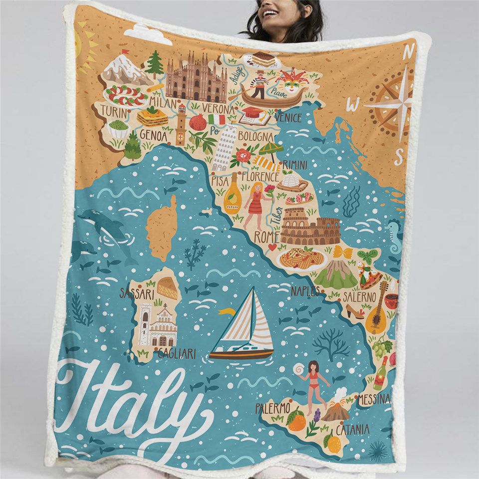 Cartoon Map Of Italy Landmarks Travel Fleece Blanket