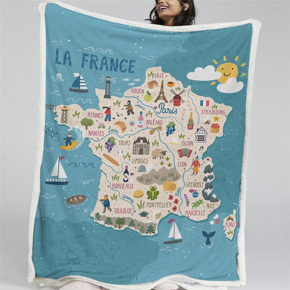 Cartoon Map Of La France Landmarks Travel Fleece Blanket