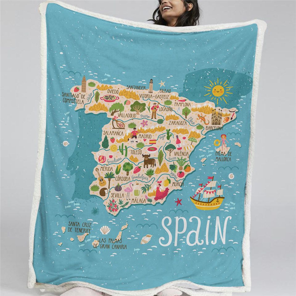 Cartoon Map Of Spain Landmarks Travel Fleece Blanket