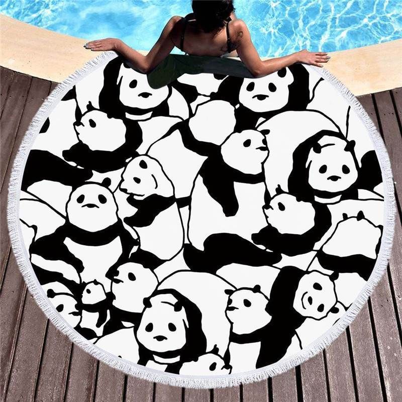 Cartoon Pandas Black And White Pattern Printed Round Beach Towel