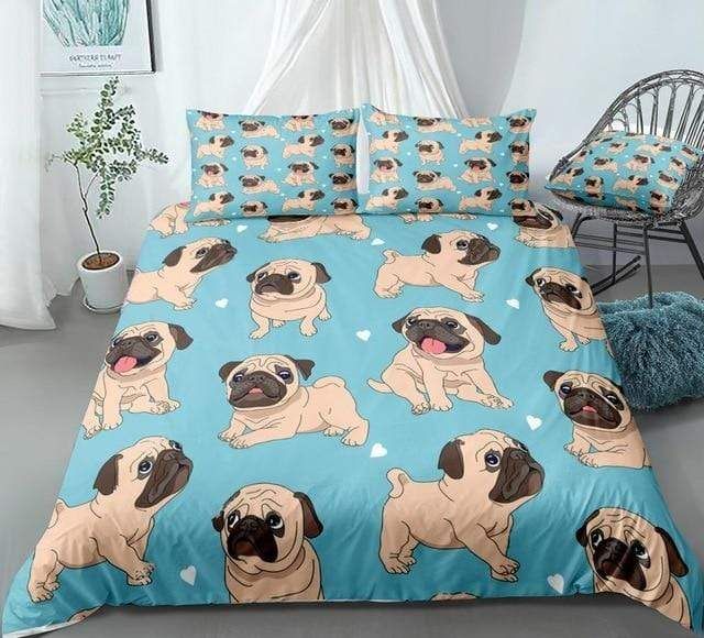 Cartoon Pugs Blue Bedding Set