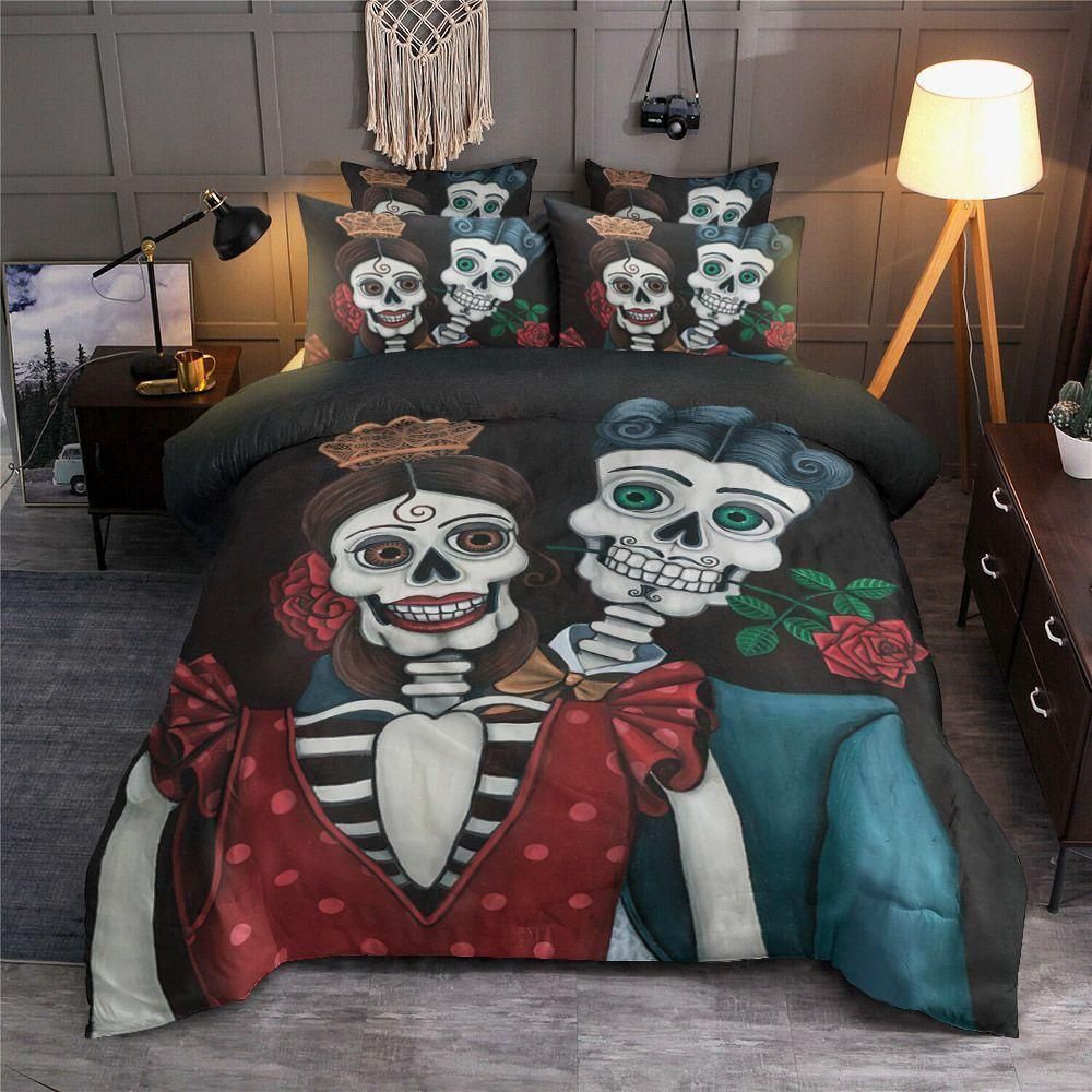 Cartoon Skull Couple With Rose Bedding Set