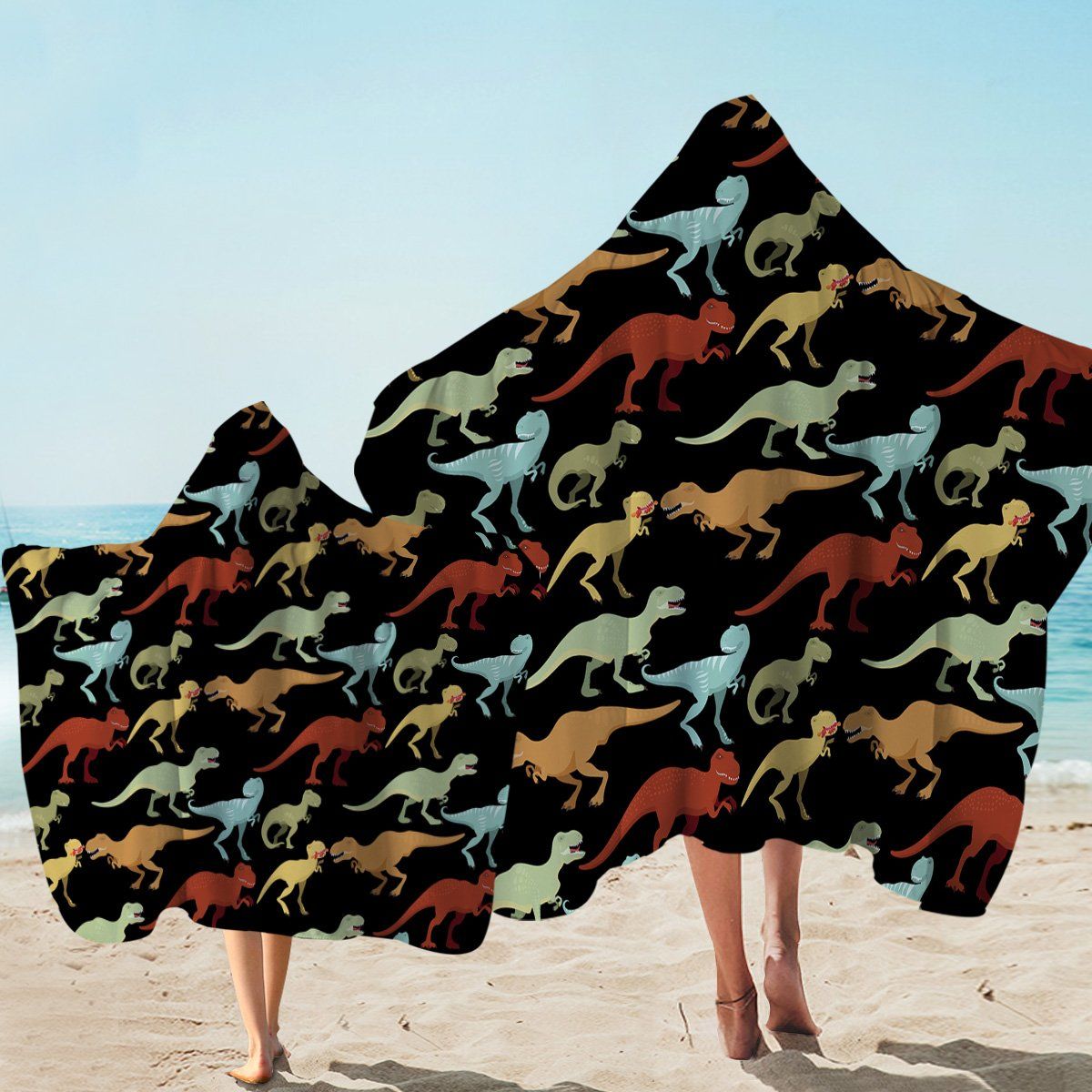 Cartoon T-rex Shapes Black Background Printed Hooded Towel
