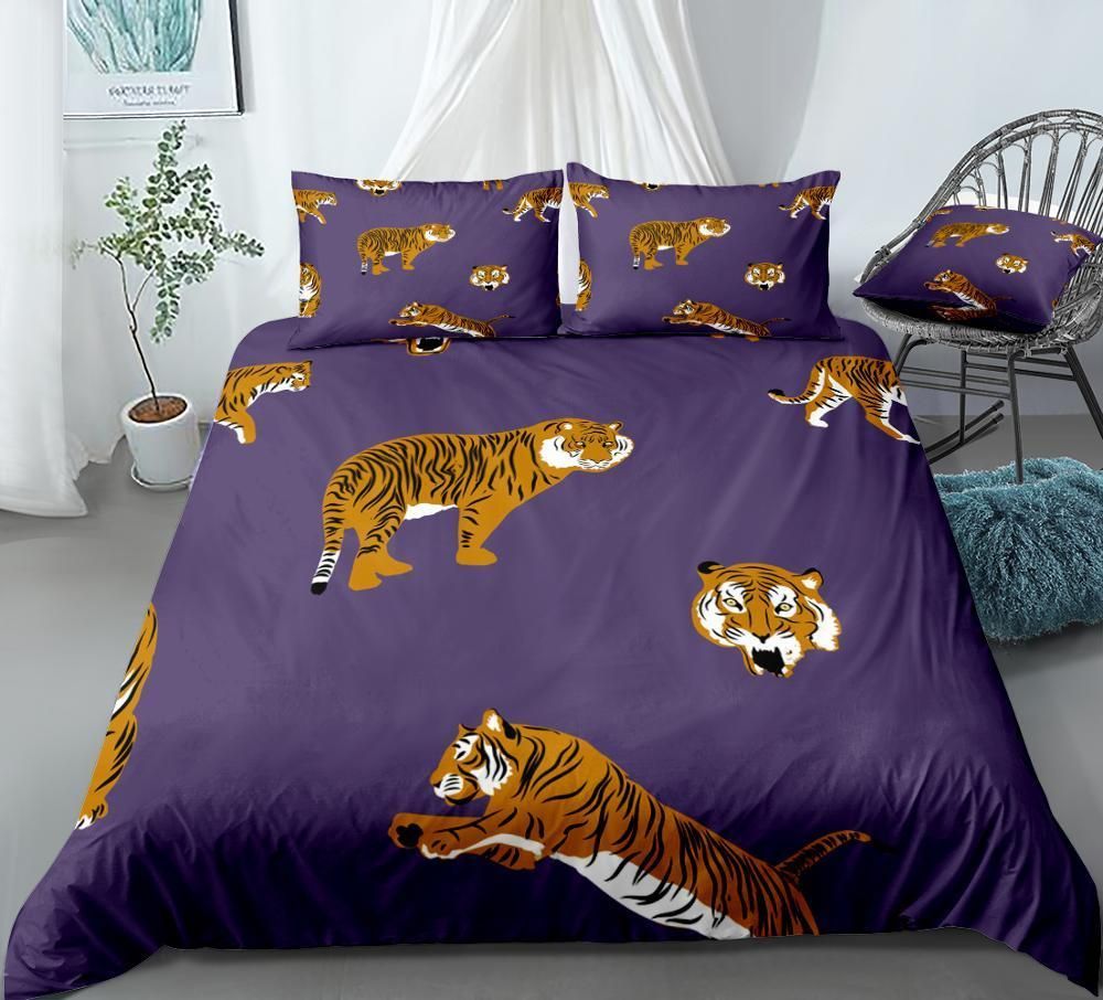 Cartoon Tiger Purple Background Bedding Set