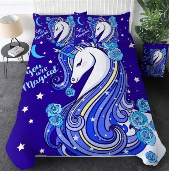 Cartoon Unicorn Floral Blue Bedding Set