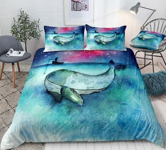 Cartoon Whale Purple Galaxy Bedding Set