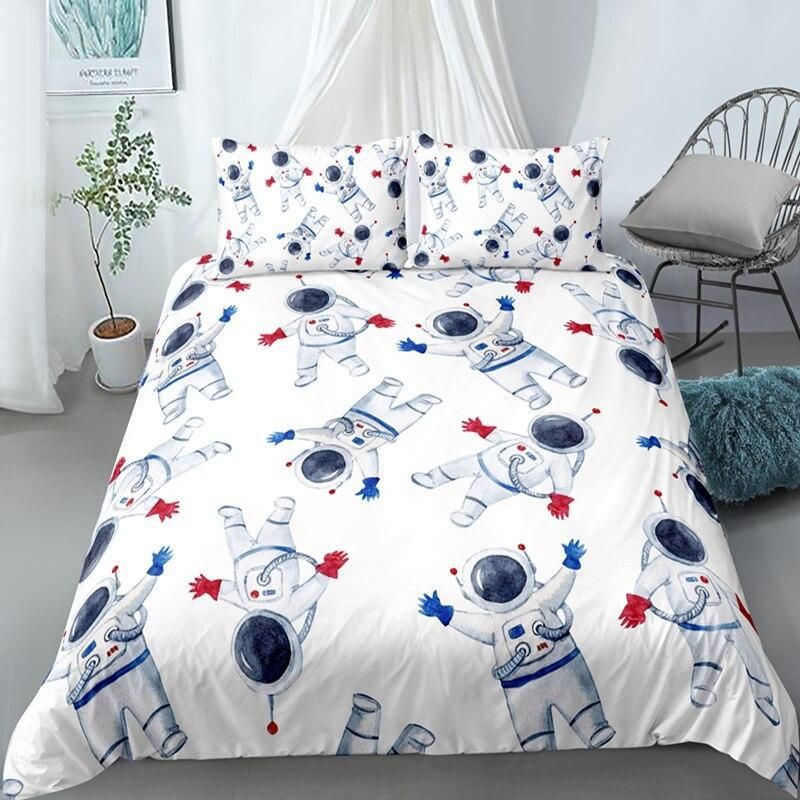 Cartooned Astronaut White Background Bedding Set
