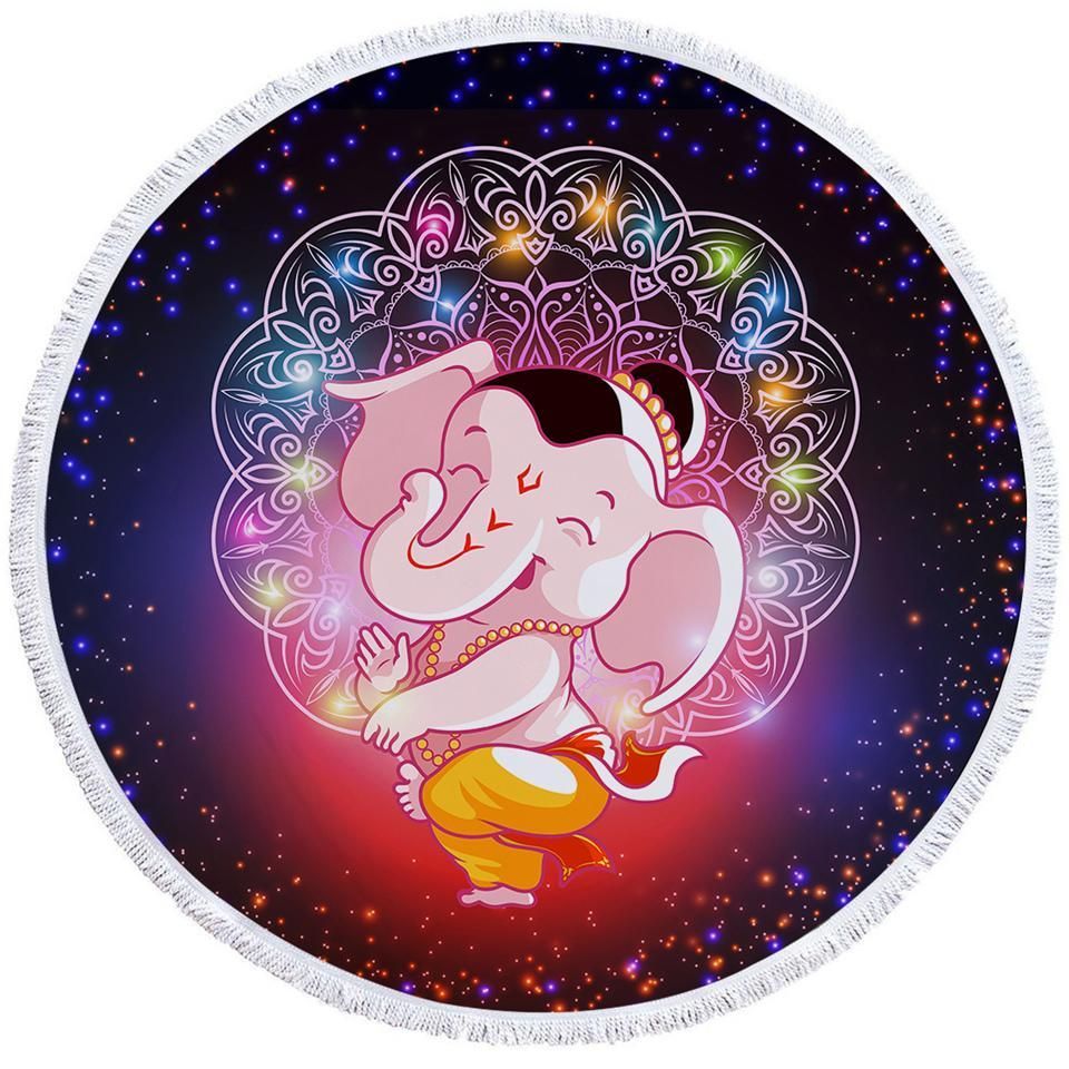 Cartooned Erawan Hindu Printed Round Beach Towel