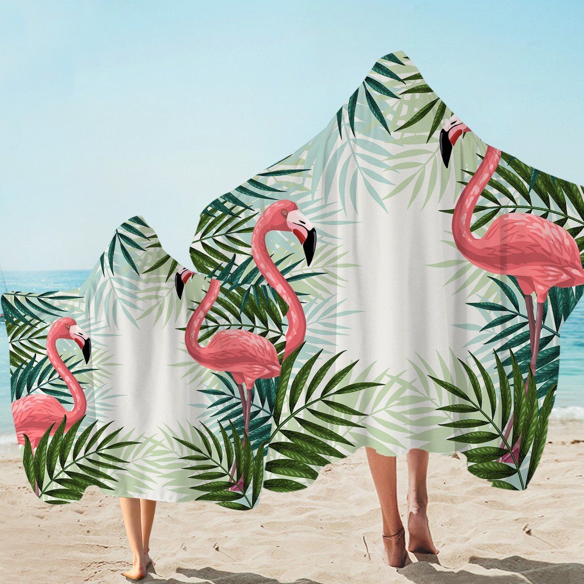 Cartooned Flamingos And Tropical Leaves Printed Hooded Towel
