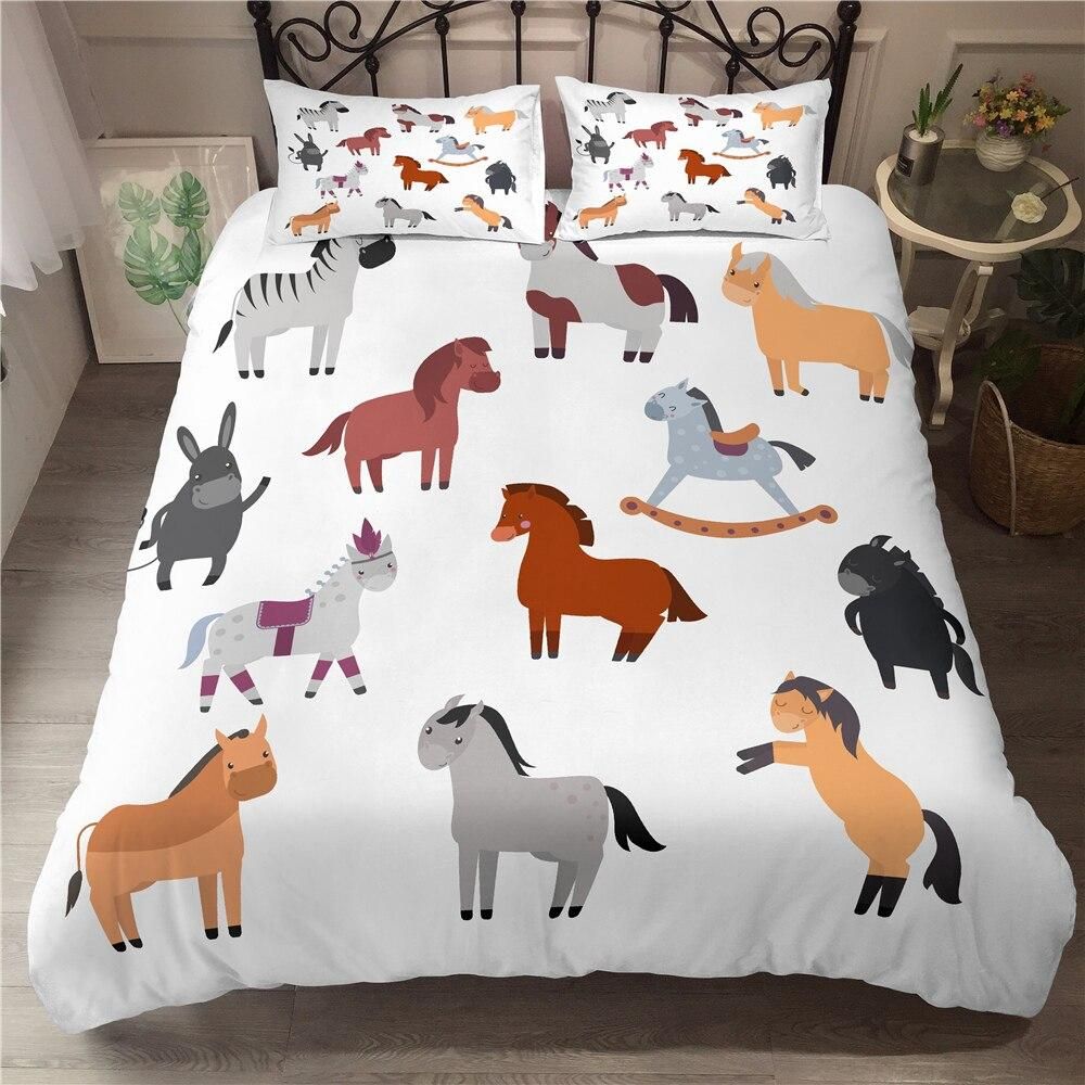 Cartooned Horses White Background Bedding Set