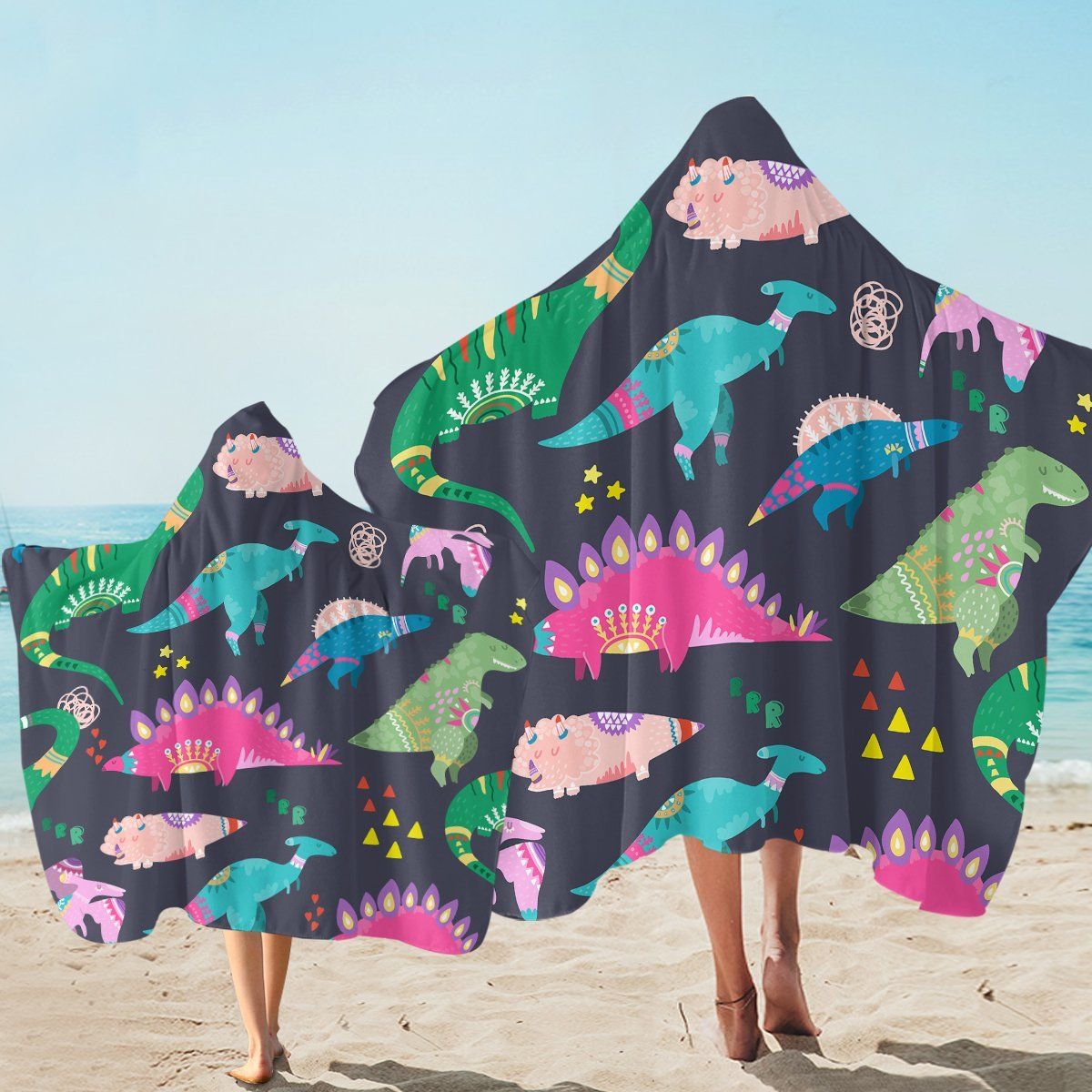 Cartooned Kid Dino On Navy Printed Hooded Towel