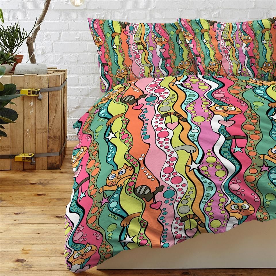 Cartooned Kitties Colorful Stripes Bedding Set