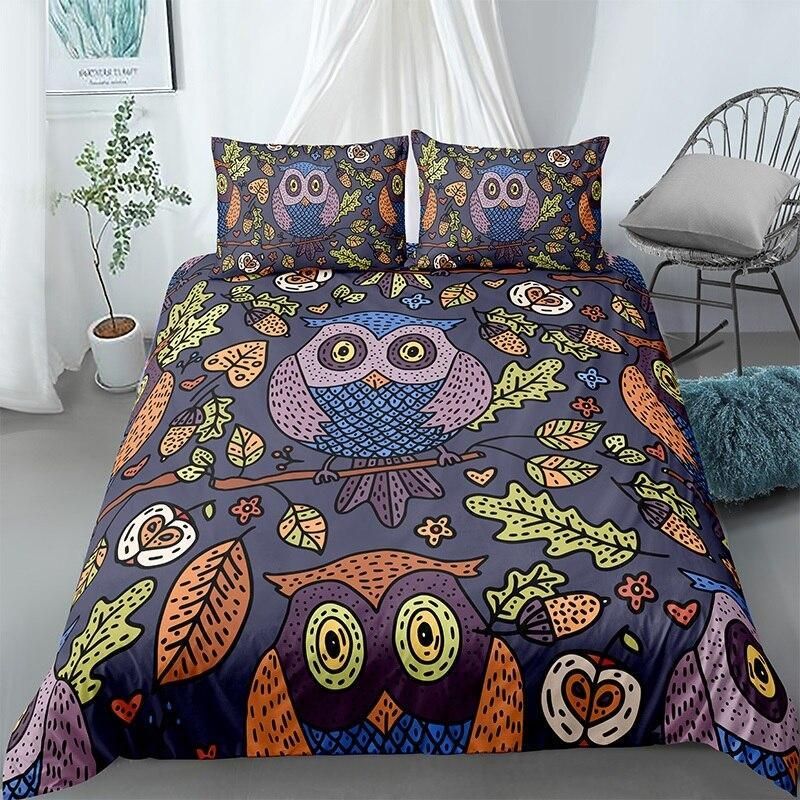 Cartooned Owls At Night Bedding Set