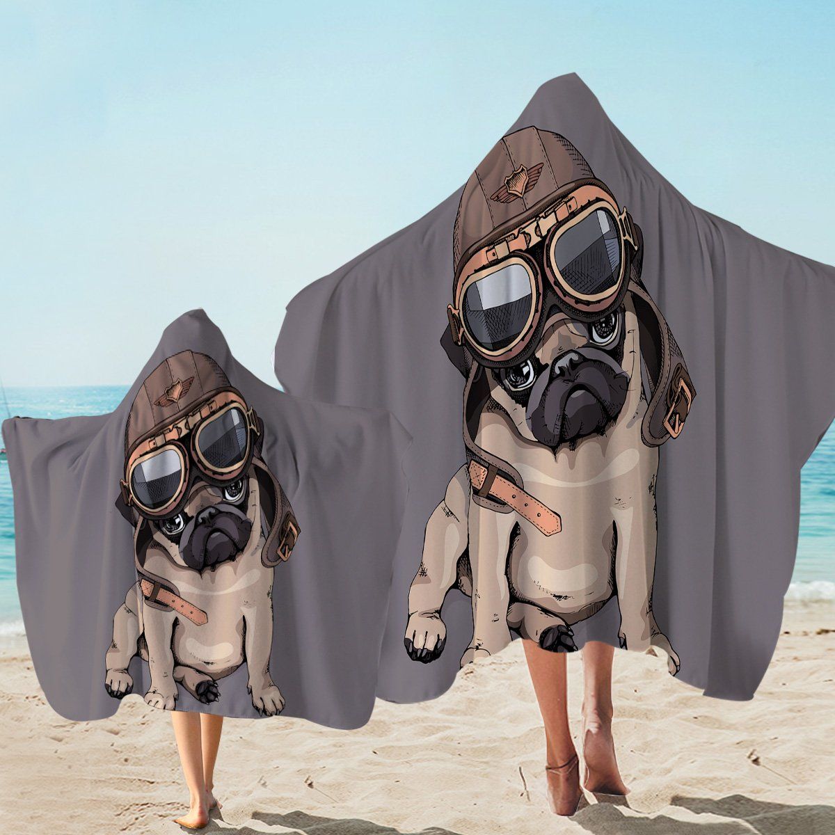 Cartooned Pug Pilot Gray Printed Hooded Towel