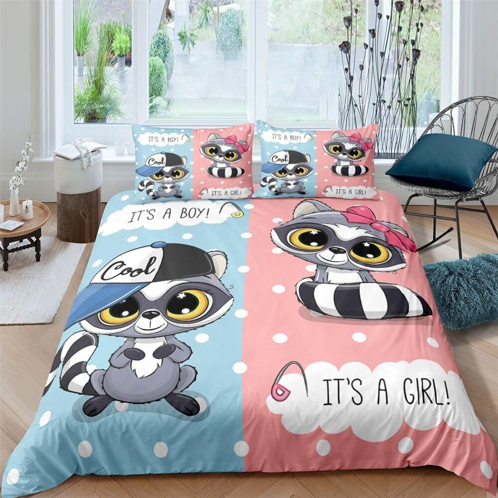 Cartooned Racoons Polka Dot Blue And Pink Bedding Set