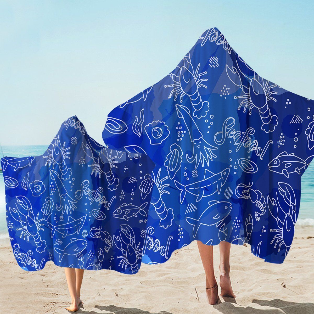 Cartooned Seafood Blue Printed Hooded Towel