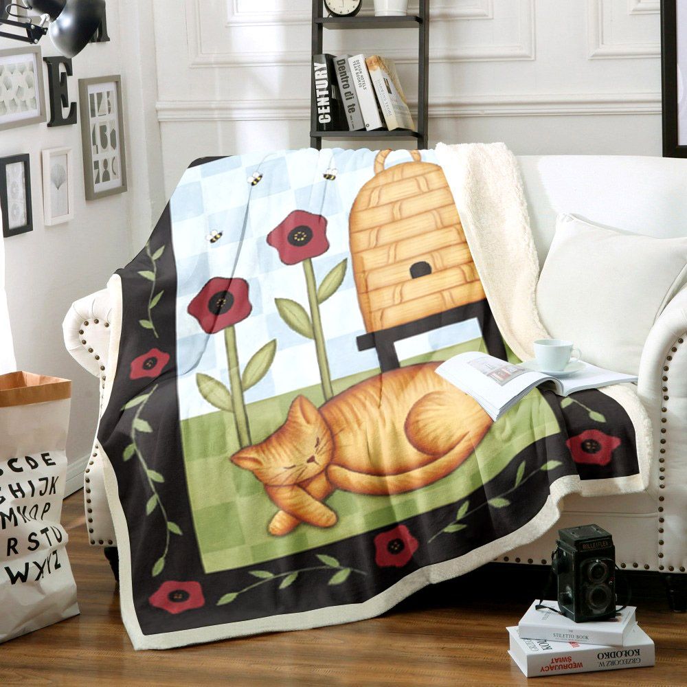 Cat And Bee Sherpa Fleece Blanket