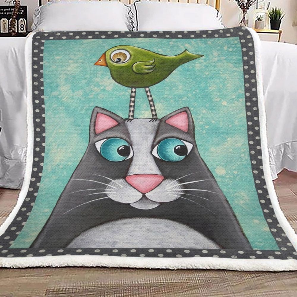 Cat And Bird Sherpa Fleece Blanket