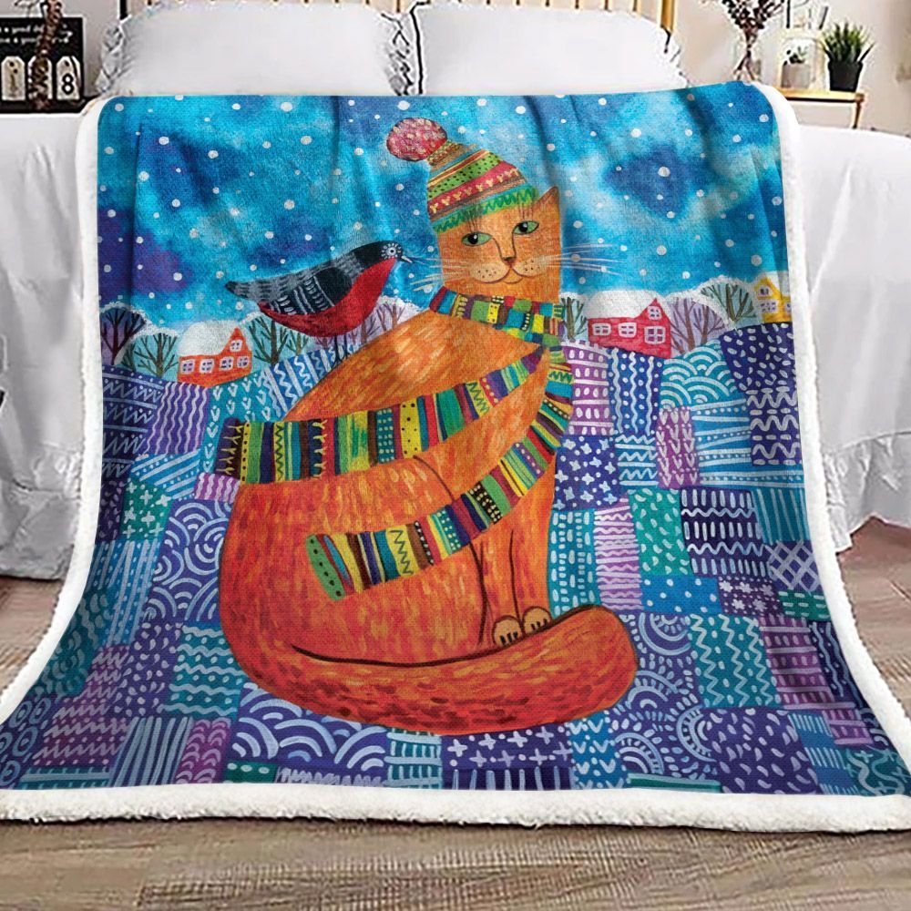 Cat And Bird Sherpa Fleece Blanket