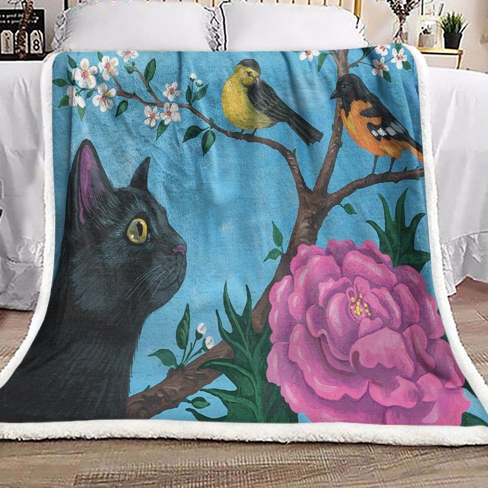 Cat And Bird Sherpa Fleece Blanket