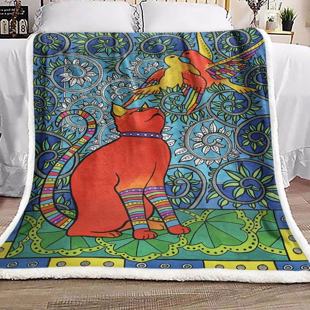 Cat And Birds Sherpa Fleece Blanket