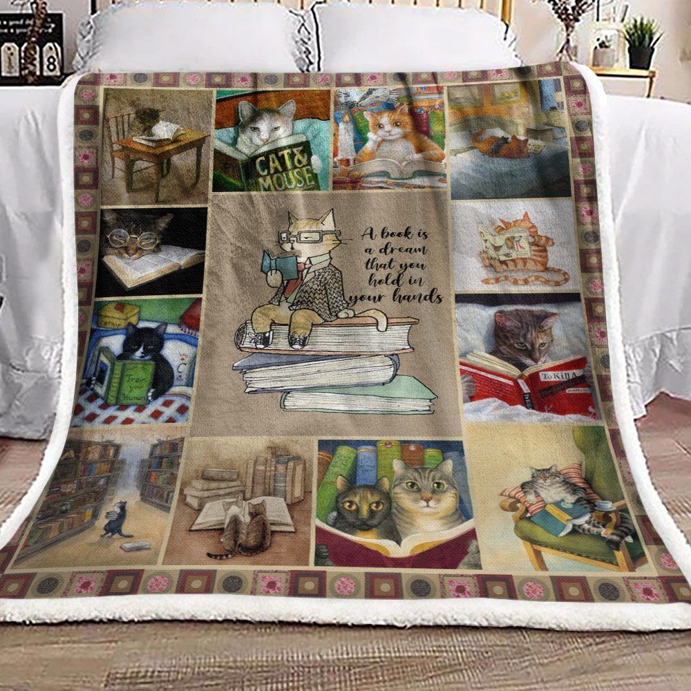 Cat And Books Sherpa Fleece Blanket