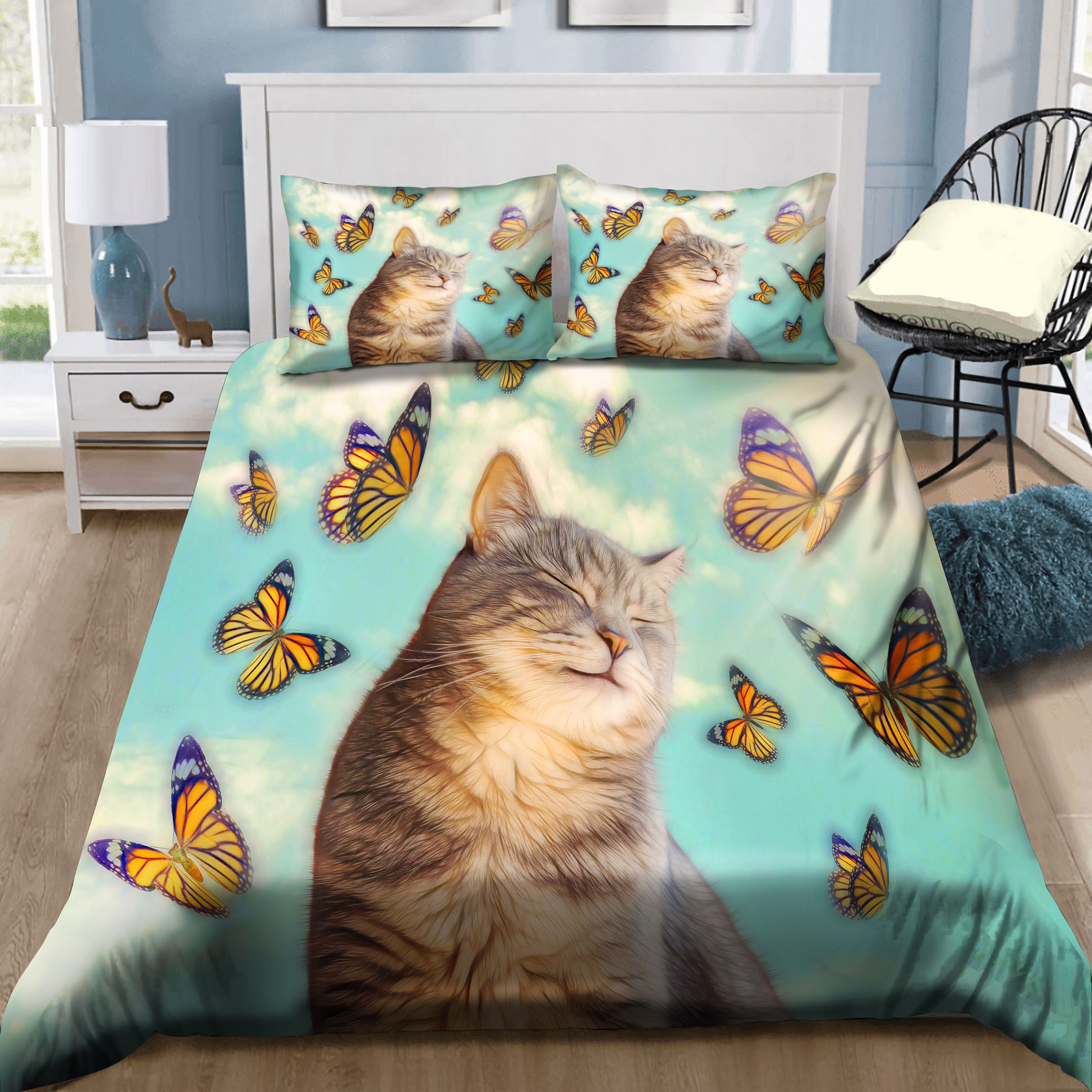 Cat And Butterflies Bedding Set