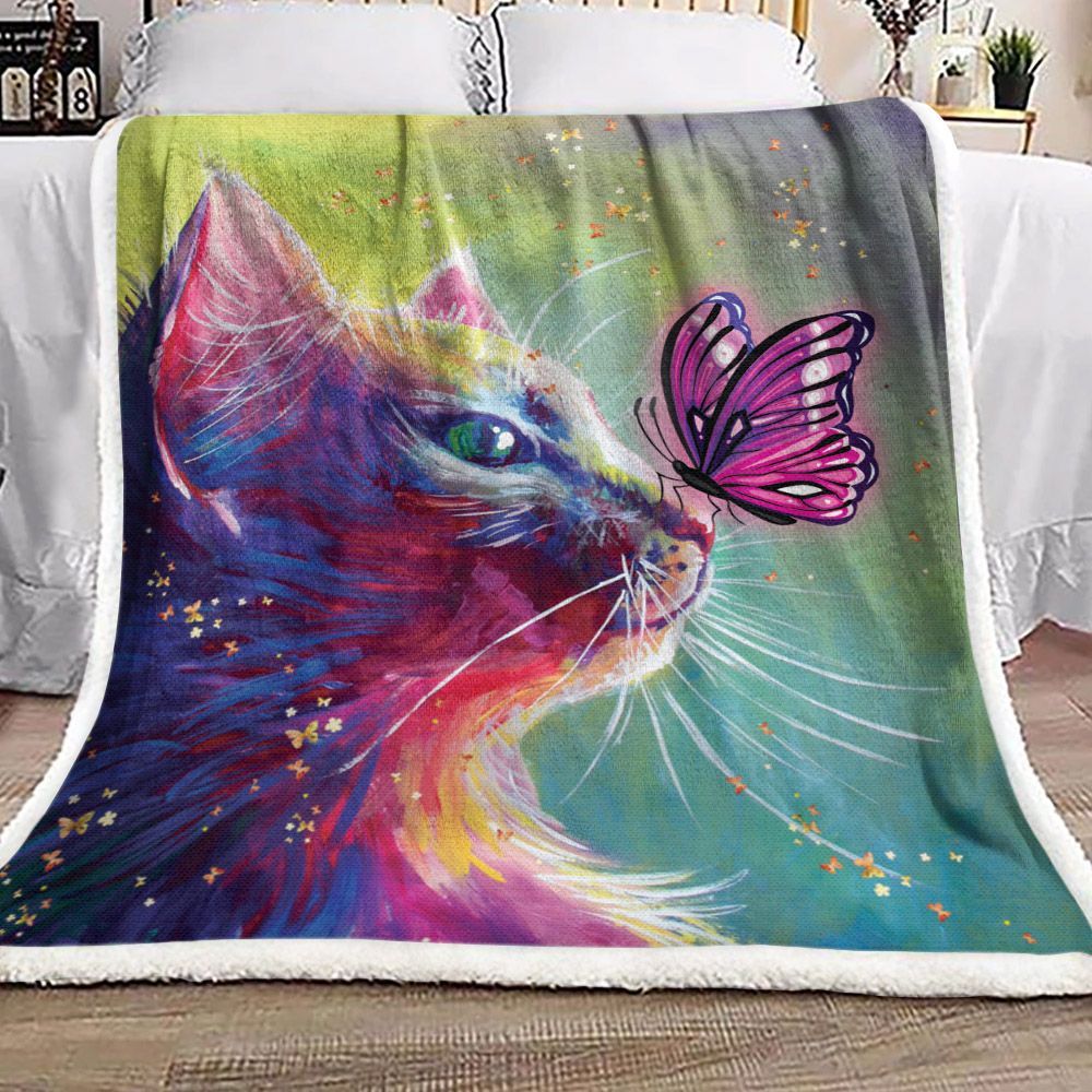 Cat And Butterfly Sherpa Fleece Blanket