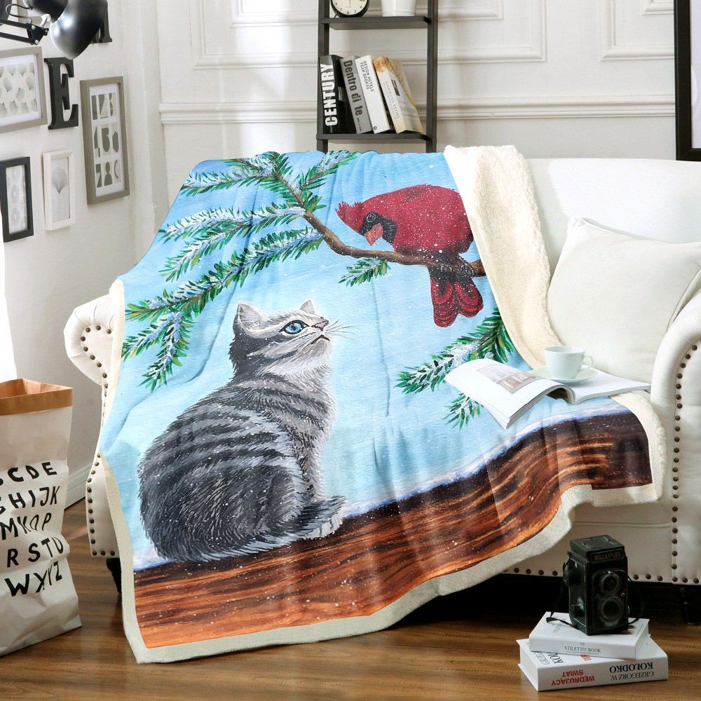 Cat And Cardinal Sherpa Fleece Blanket