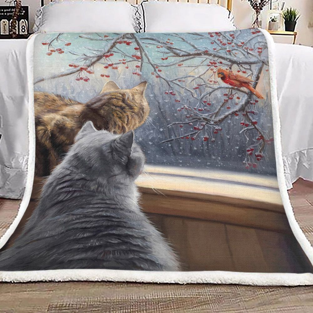 Cat And Cardinal Sherpa Fleece Blanket