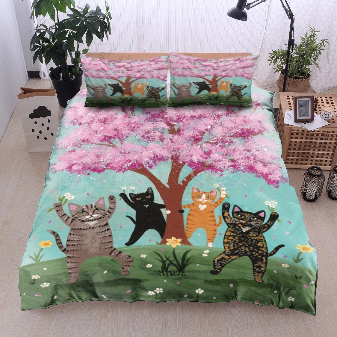 Cat And Cherry Blossom Tree Bedding Set