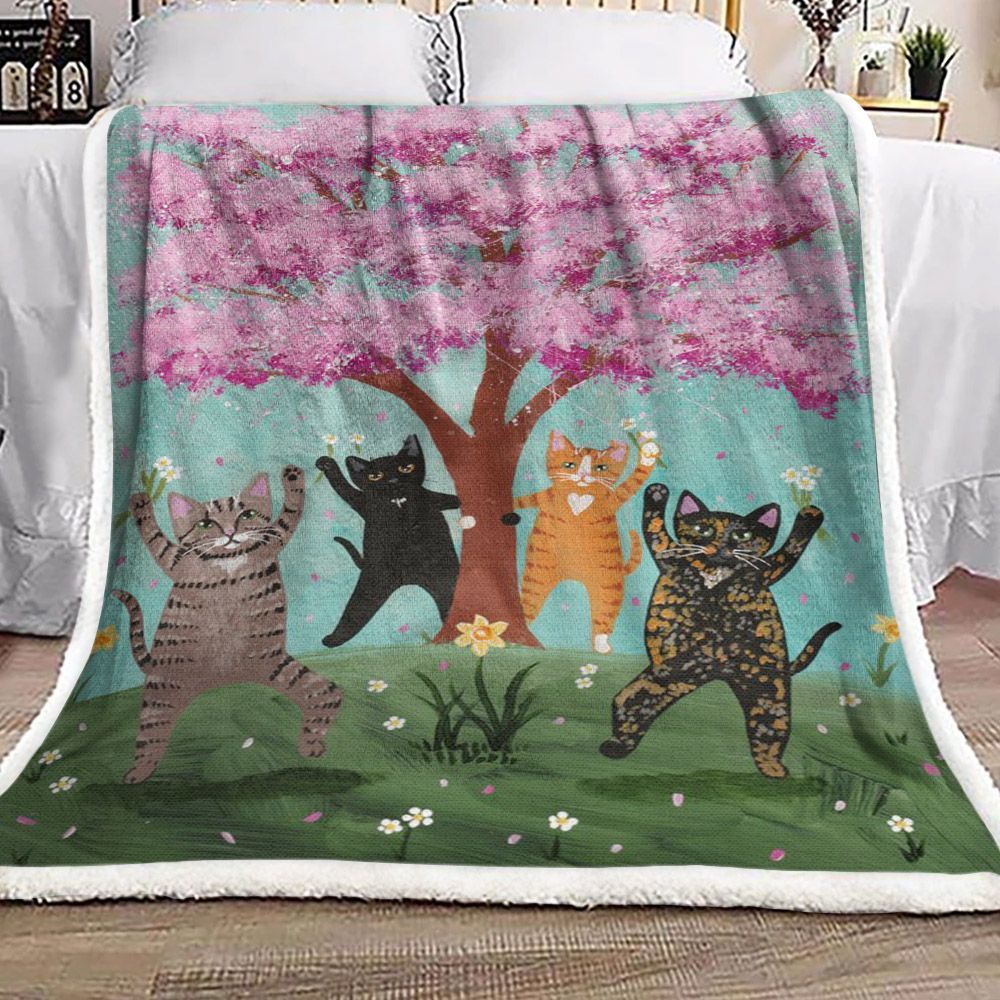 Cat And Cherry Blossom Tree Sherpa Fleece Blanket