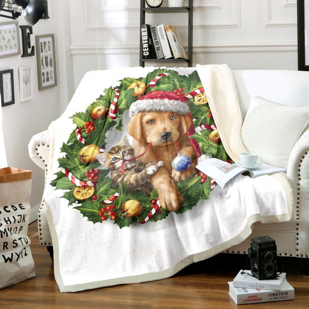 Cat And Dog Christmas Sherpa Fleece Blanket