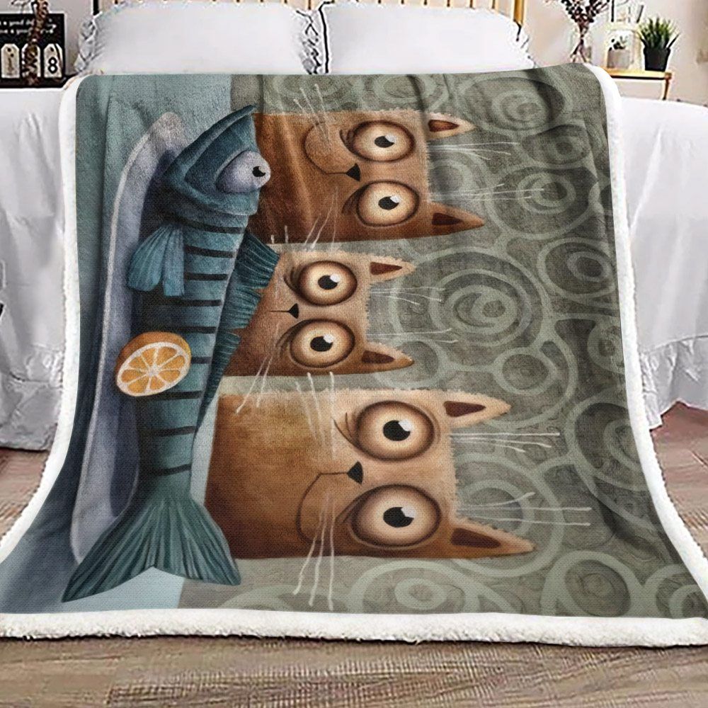 Cat And Fish Sherpa Fleece Blanket