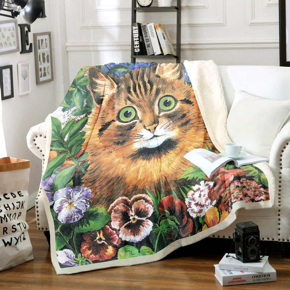 Cat And Floral Sherpa Fleece Blanket