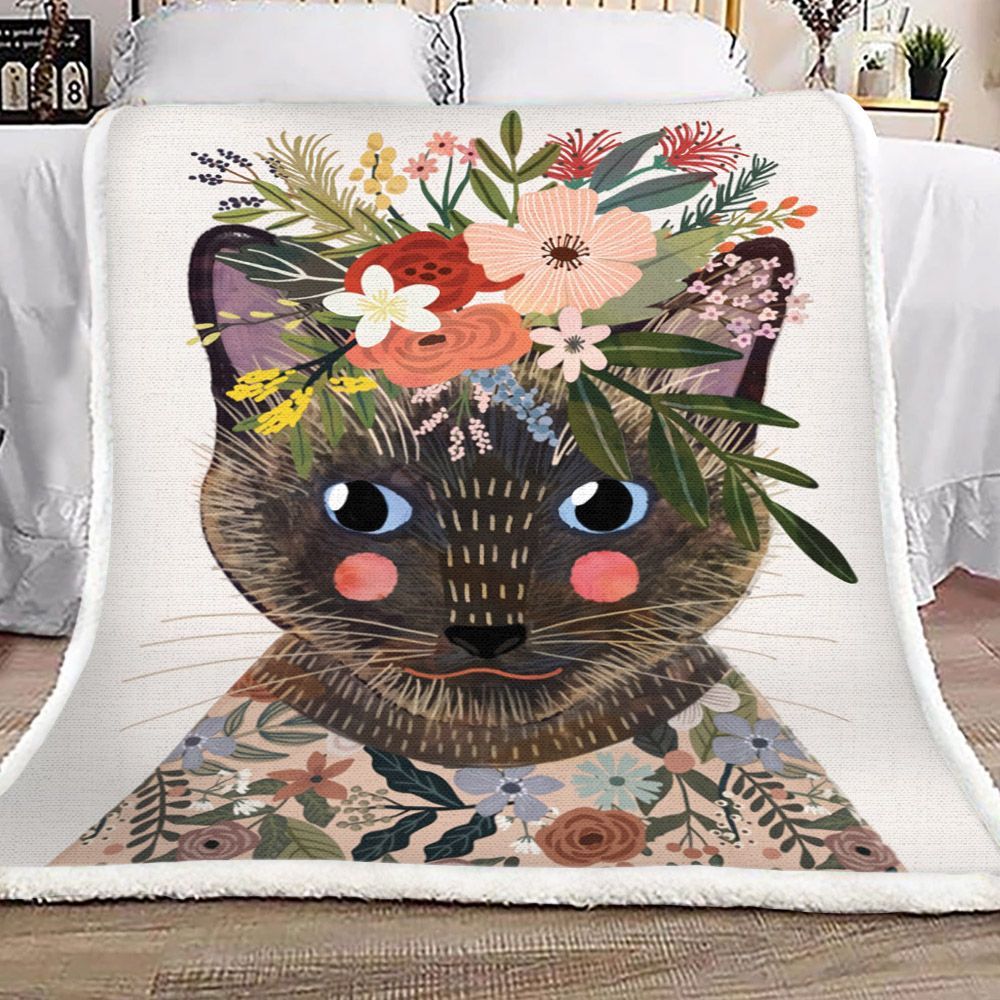 Cat And Flower Sherpa Fleece Blanket