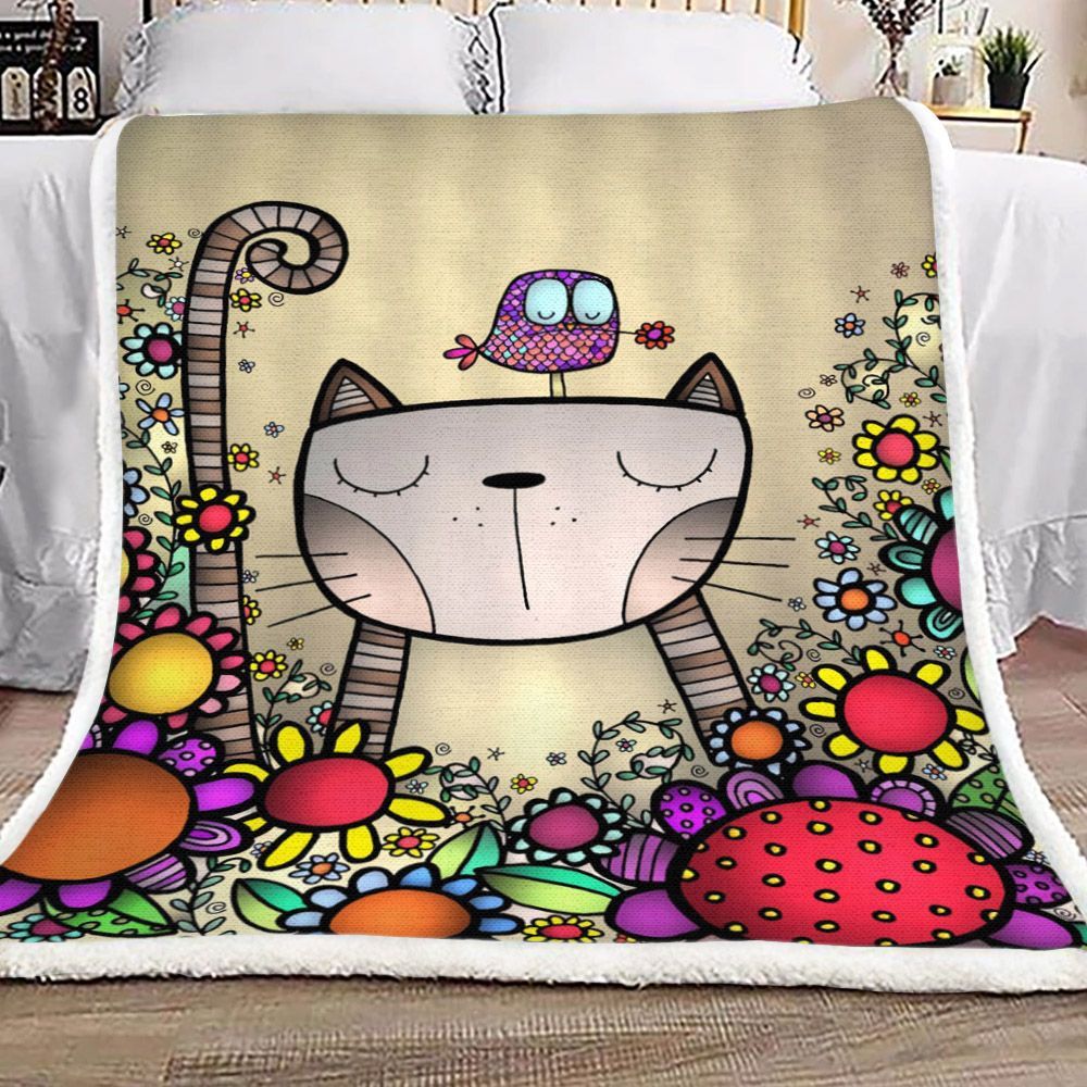 Cat And Flower And Bird Sherpa Fleece Blanket