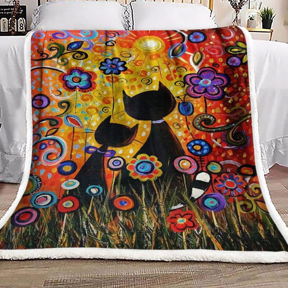 Cat And Flower Sherpa Fleece Blanket