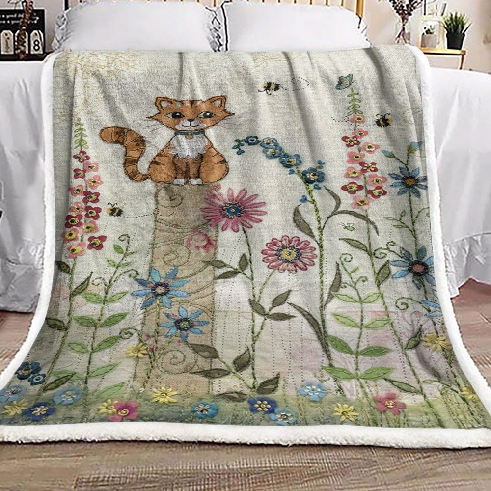 Cat And Flower Sherpa Fleece Blanket