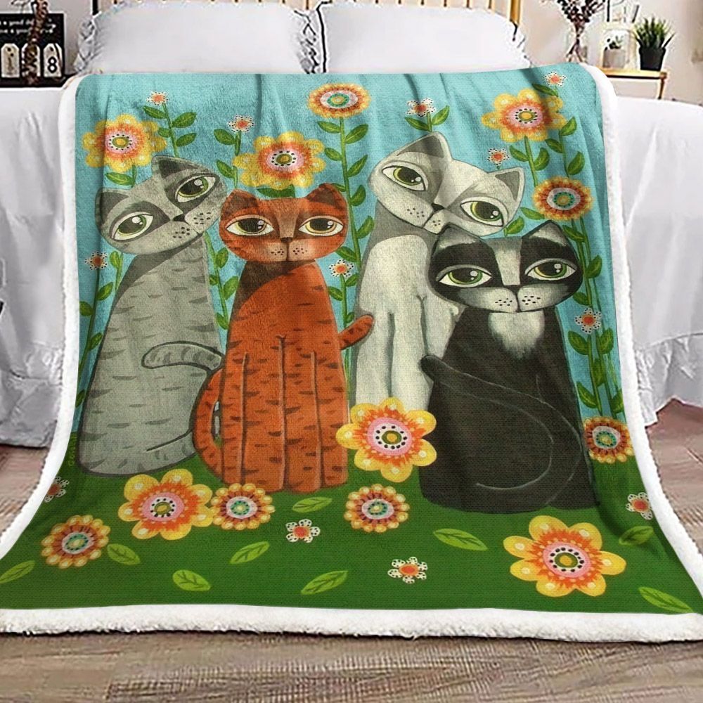 Cat And Flower Sherpa Fleece Blanket