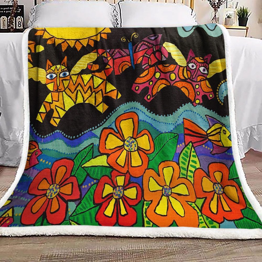 Cat And Flower Sherpa Fleece Blanket