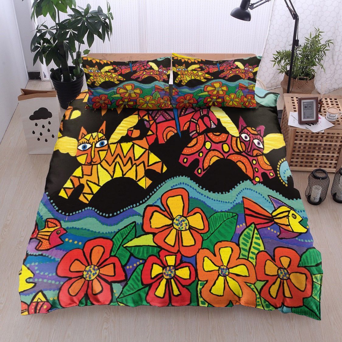 Cat And Flower Bedding Set