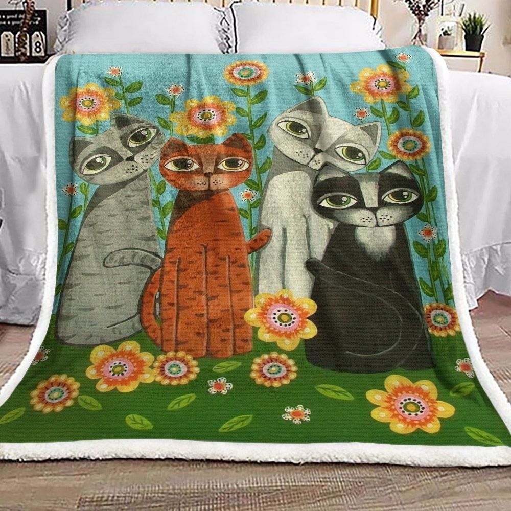 Cat And Flower Sherpa Fleece Blanket