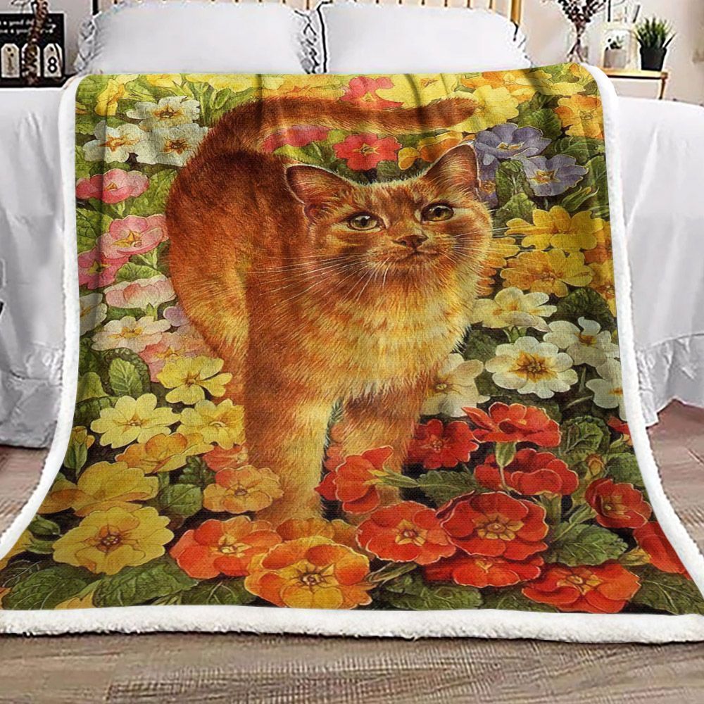 Cat And Flower Sherpa Fleece Blanket