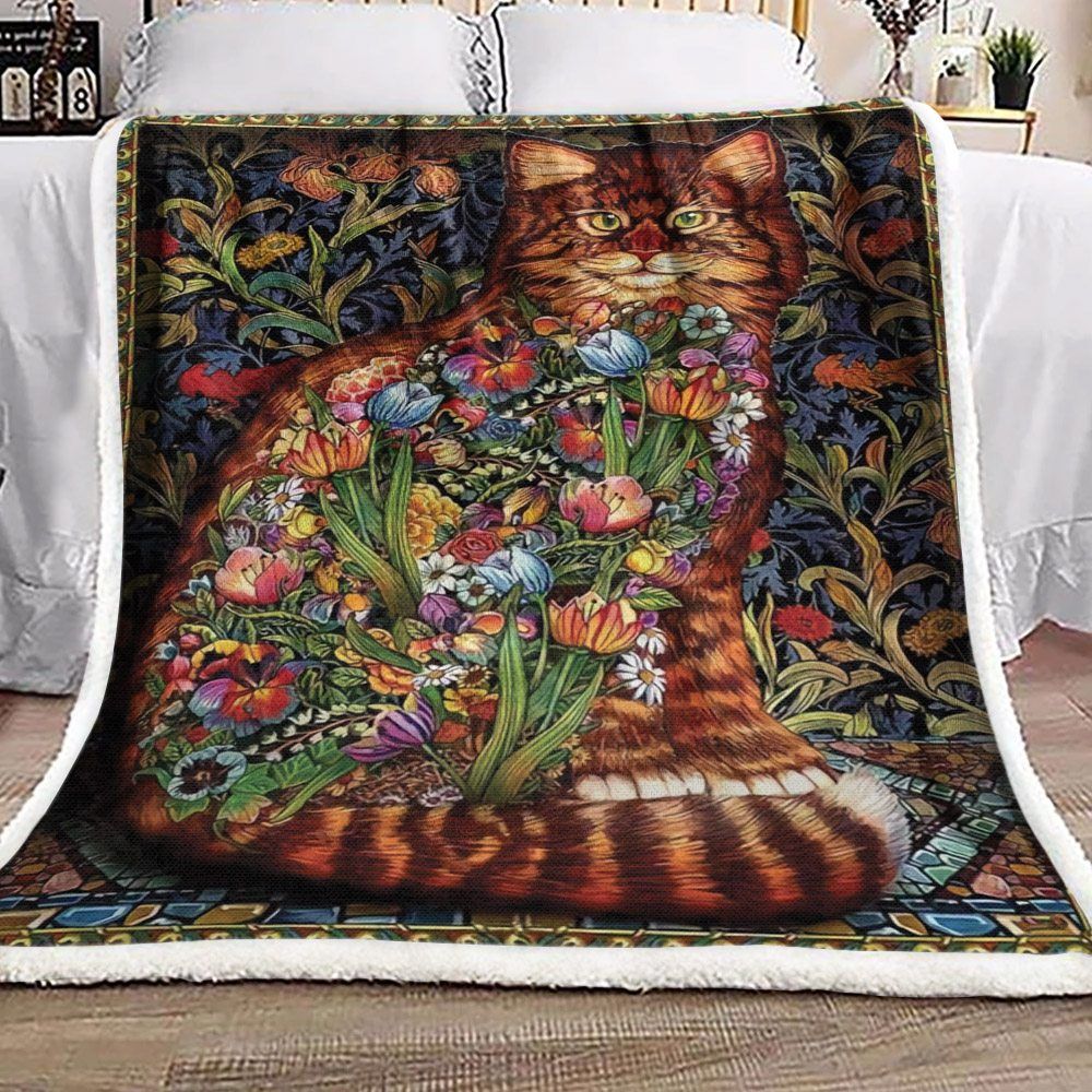 Cat And Flower Sherpa Fleece Blanket