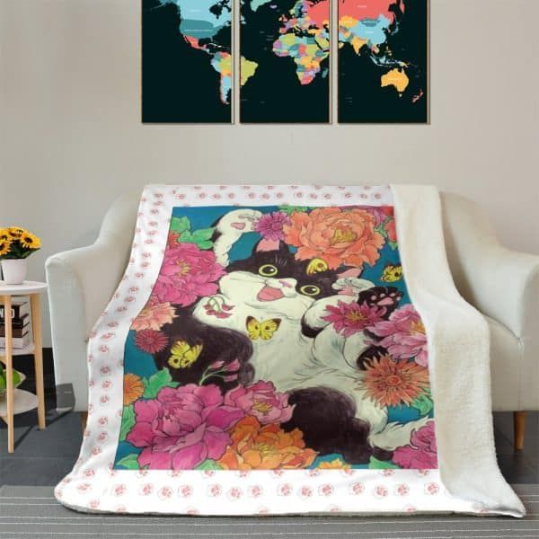 Cat And Flower Butterfly Sherpa Fleece Blanket