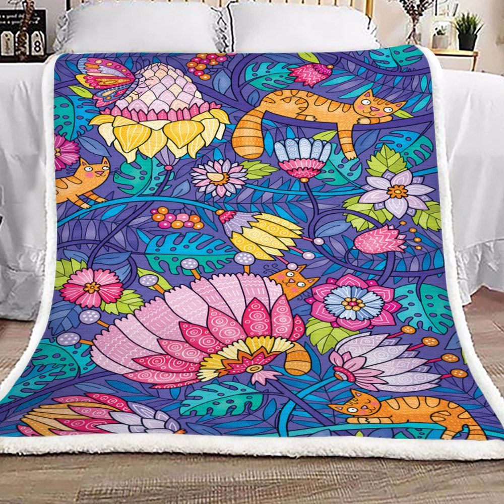 Cat And Flower Sherpa Fleece Blanket