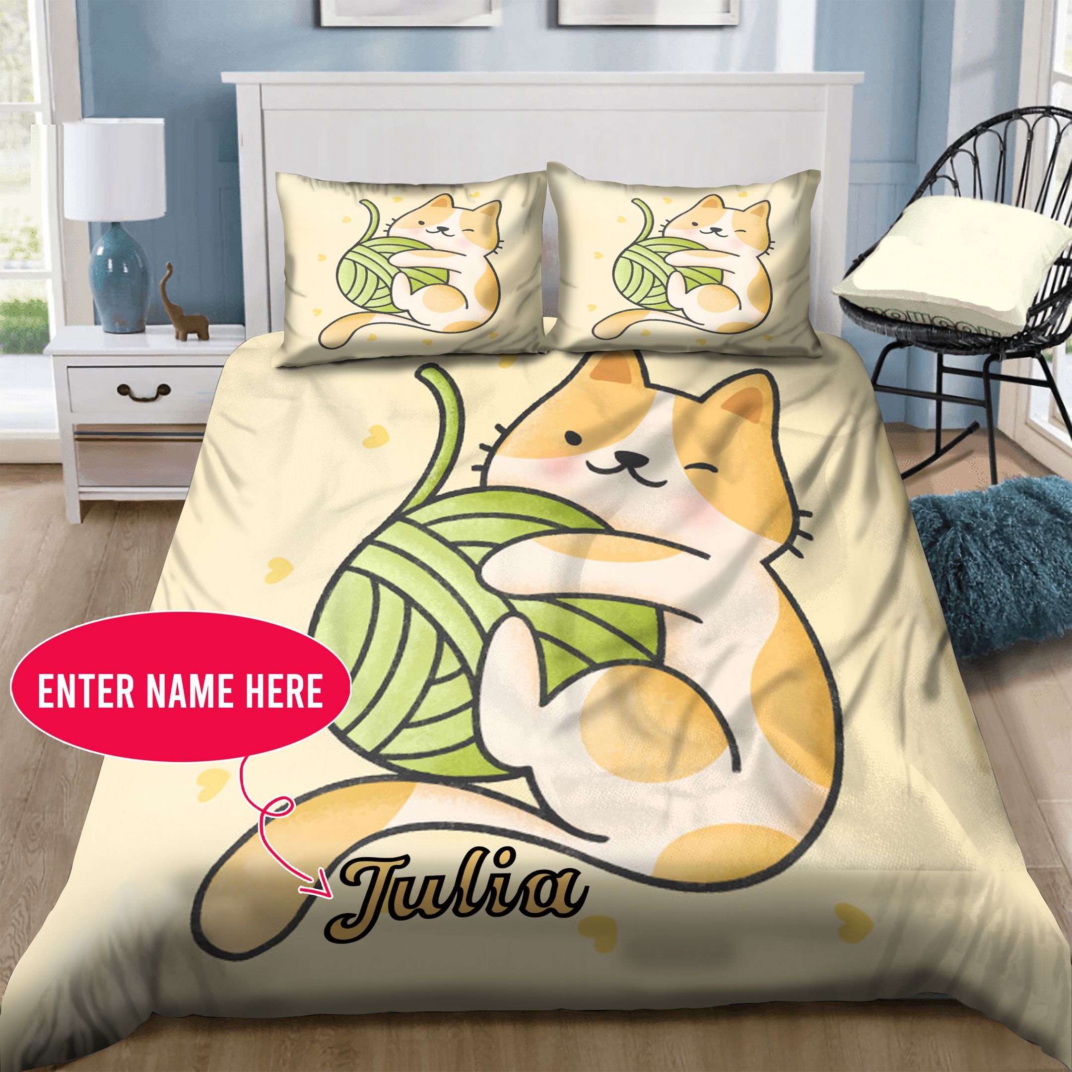 Cat and Knitting Personalized  Bedding Set